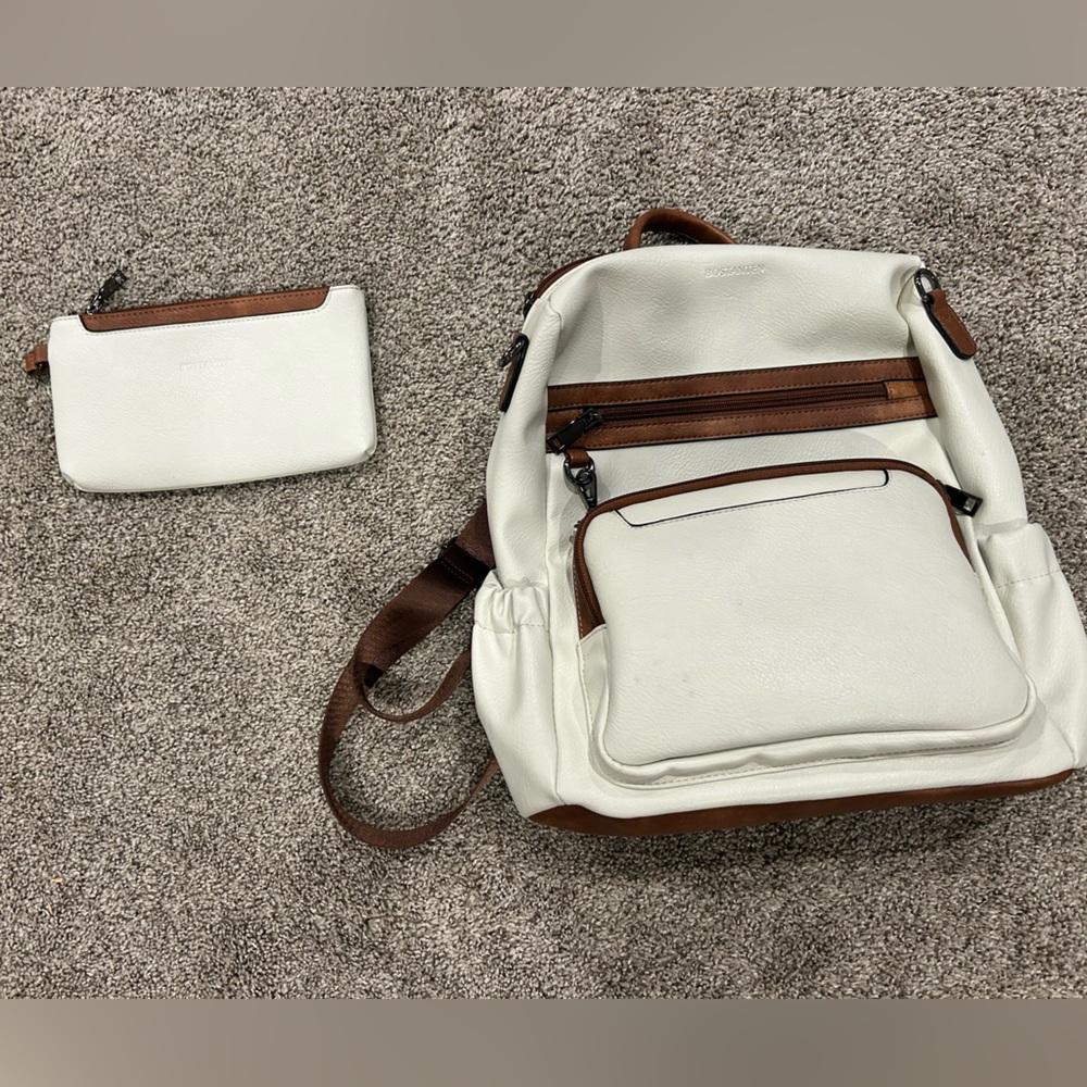 White and Brown Backpack with matching wristlet